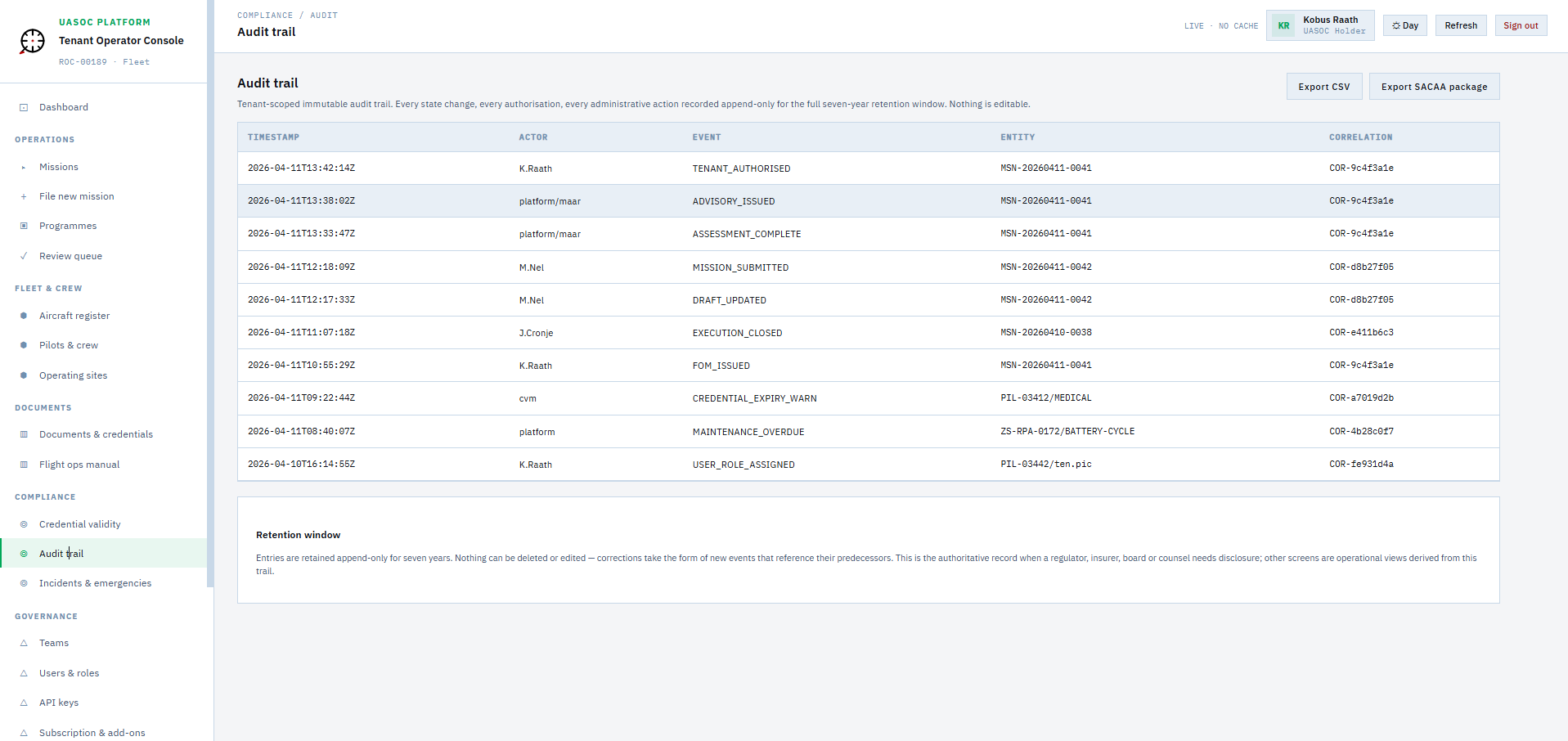 Audit trail table showing append-only events with timestamps, actors, event types, and checksums.