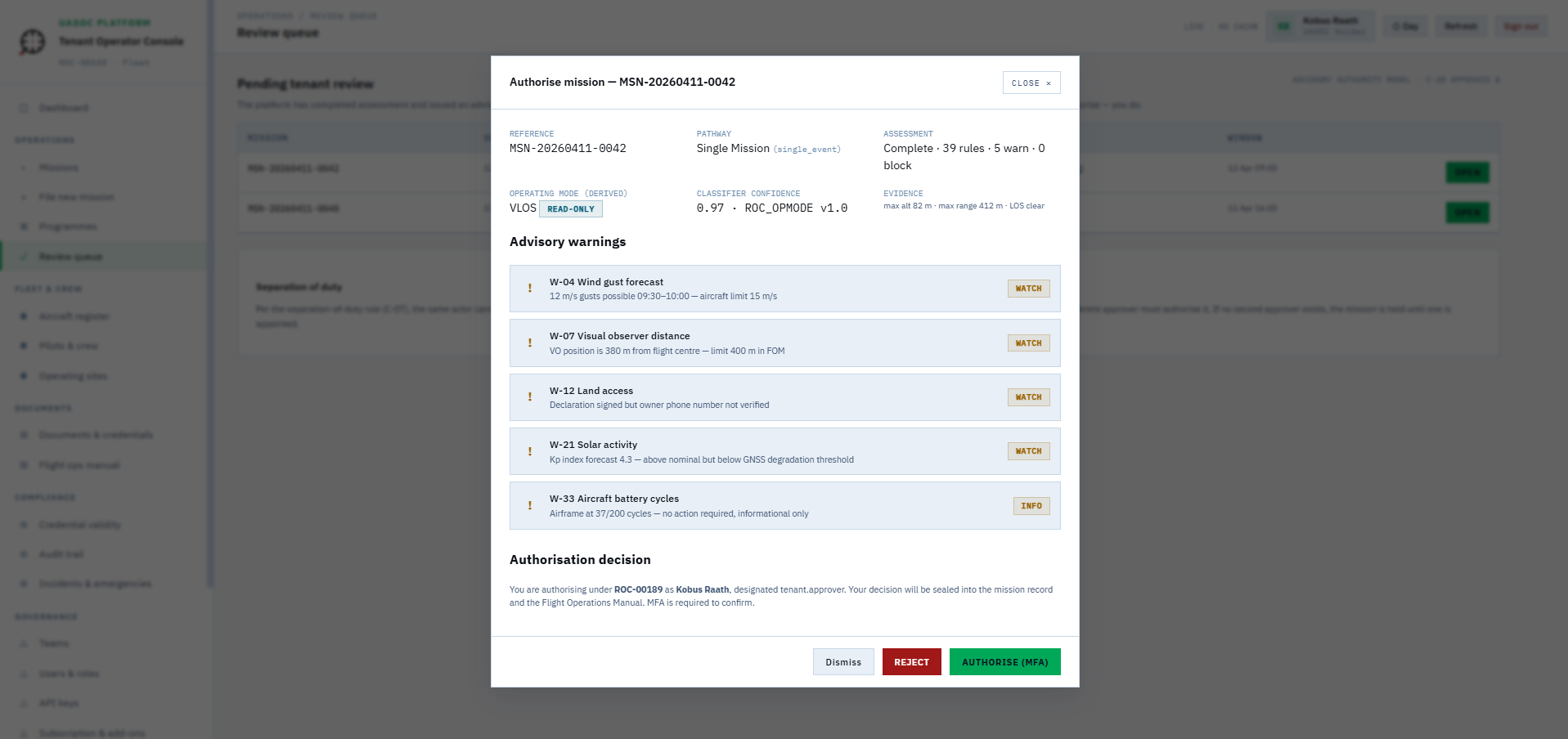 Mission review modal showing advisory warnings on the left and an Authorise (MFA) decision panel on the right.