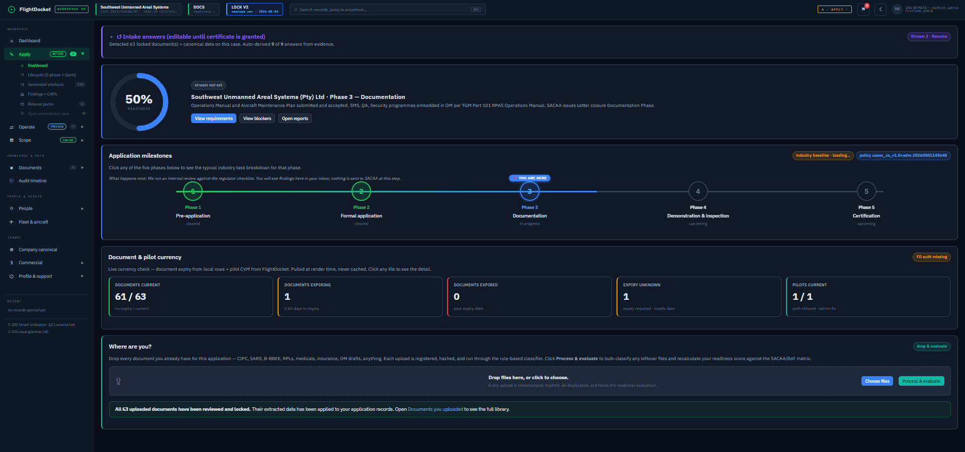 FlightDocket Apply applicant workspace showing the 5-phase application milestone strip, document and pilot currency metrics, and the guided 'where are you?' position panel.